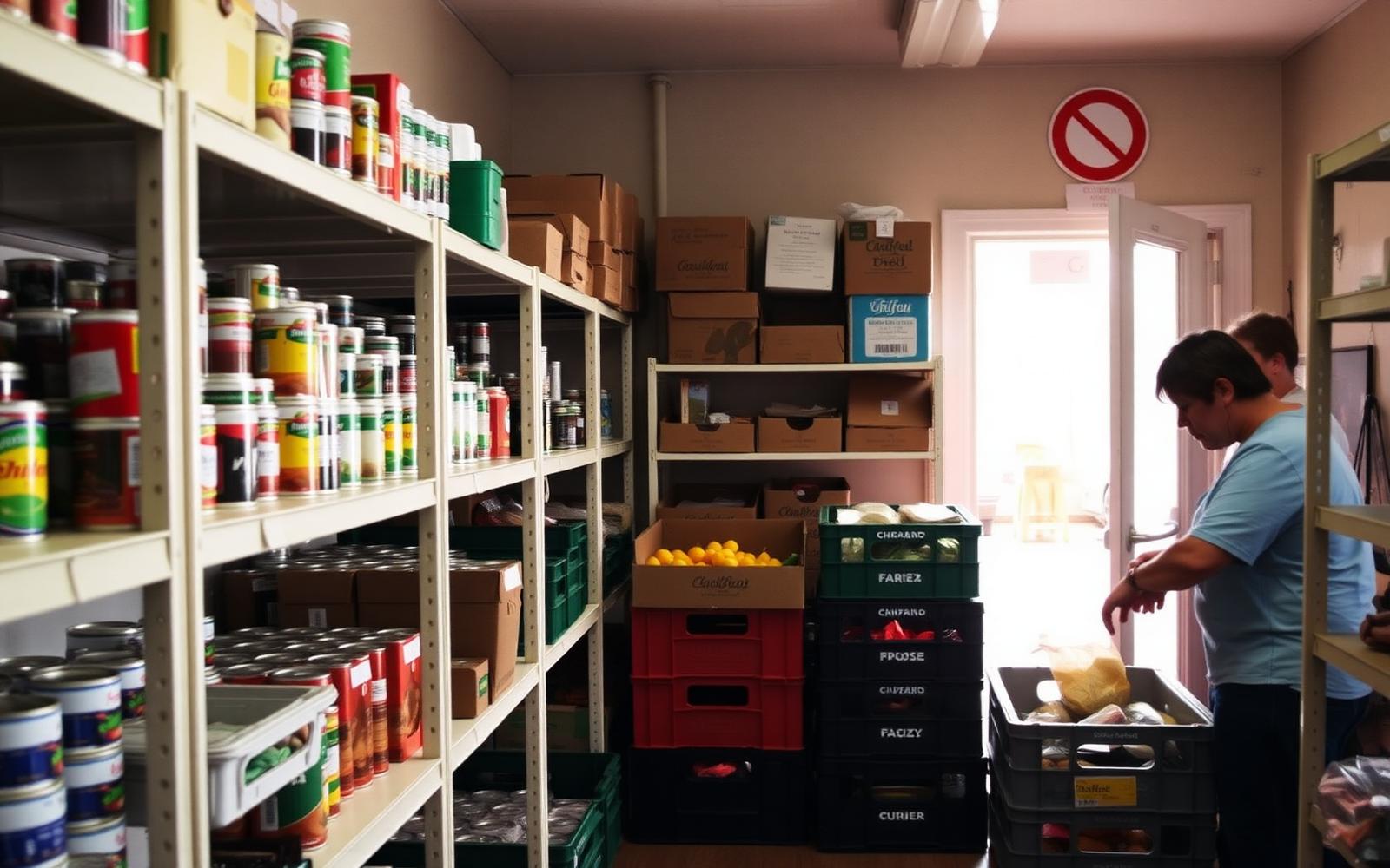 Shelves of canned goods and fresh produce inside a community food pantry