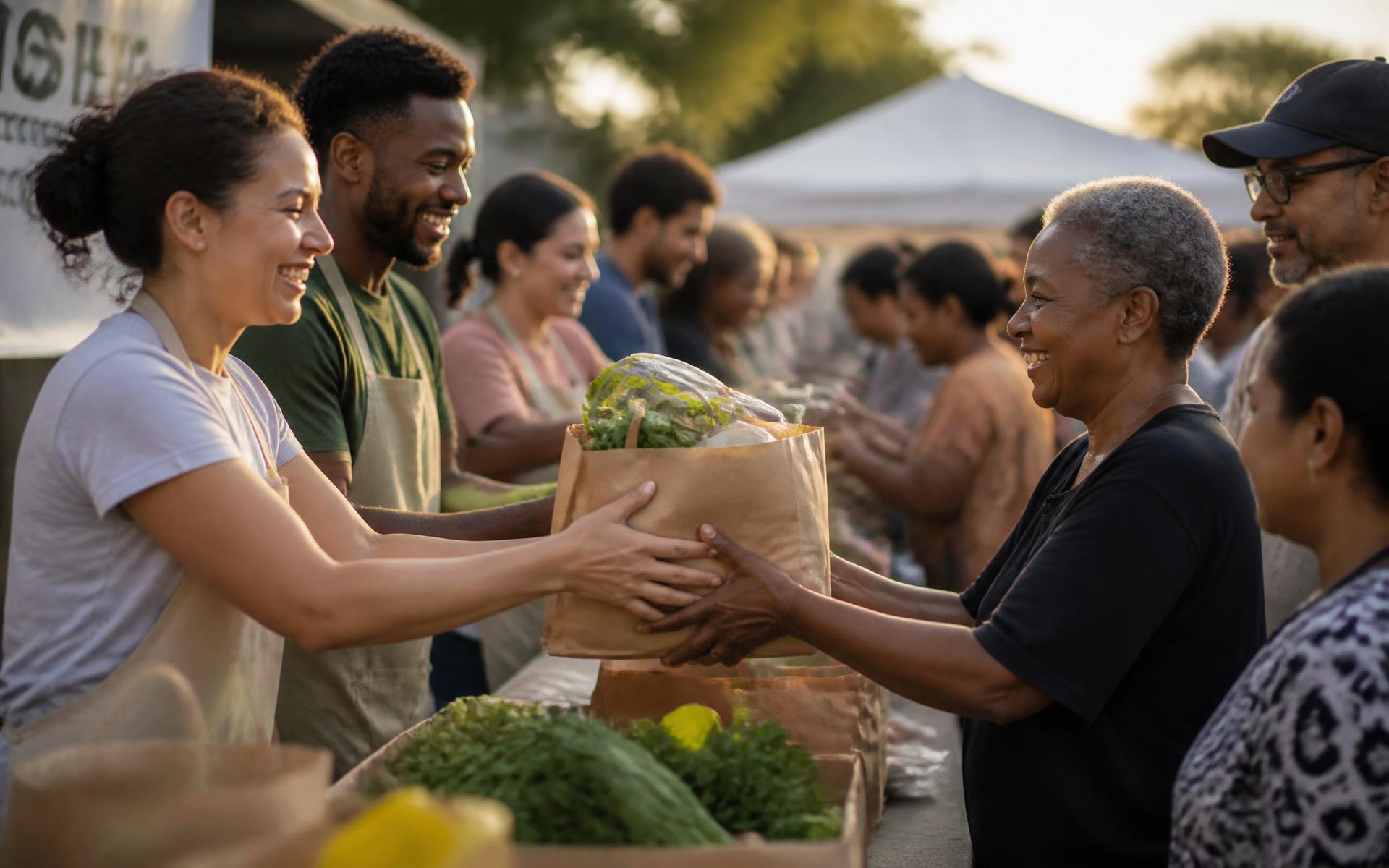 Volunteers handing bags of fresh groceries to neighbors at a community distribution