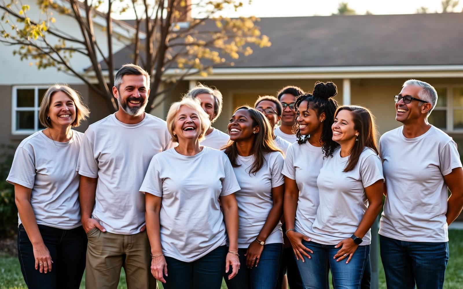 A diverse group of volunteers standing together outside a community center